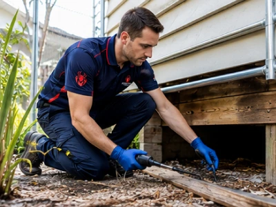 Professional pest control technician inspecting subfloor exterior timber for termites, in Melbourne