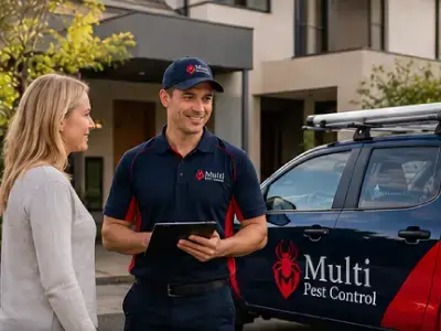 Multi Pest Control technician speaking with a homeowner at a residential property